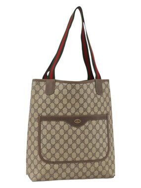 GUCCI GG Supreme Web Sherry Line Tote Bag PVC Beige Gold 39 02 003 Auth YKZ784